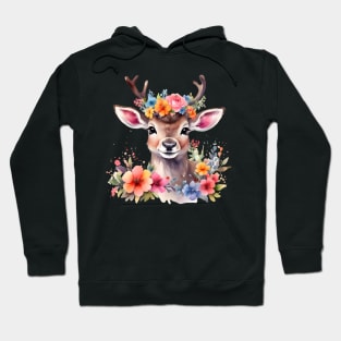 A baby deer decorated with beautiful watercolor flowers Hoodie